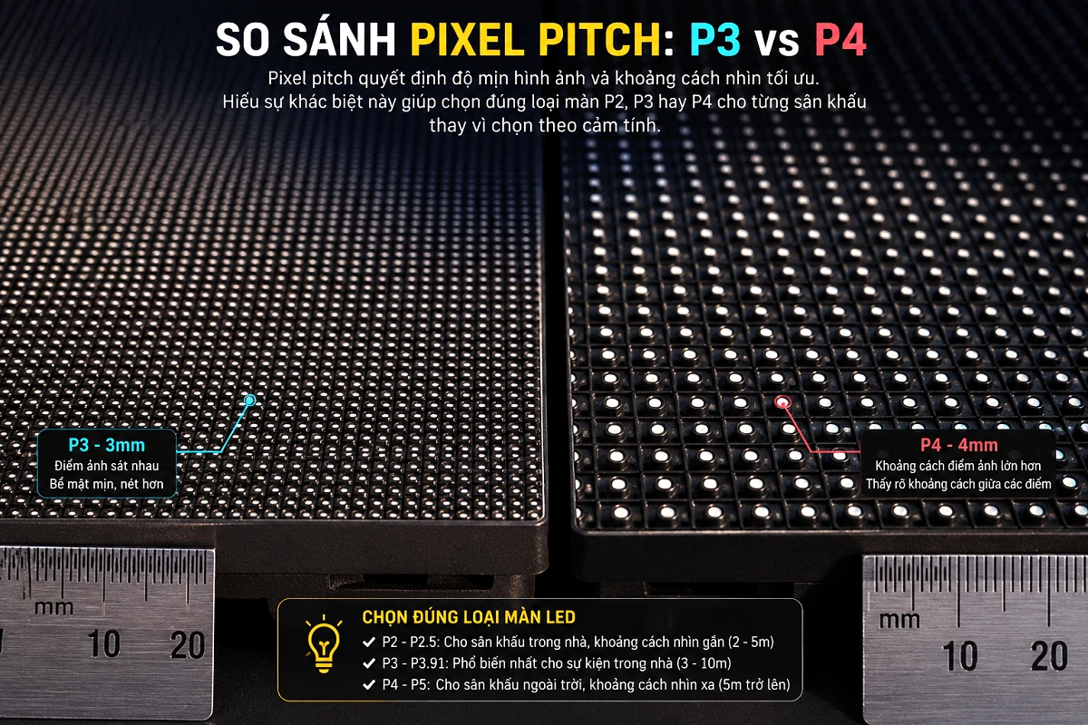 So sánh pixel pitch màn hình LED P3 và P4 với mật độ điểm ảnh và khoảng cách giữa các pixel khác nhau