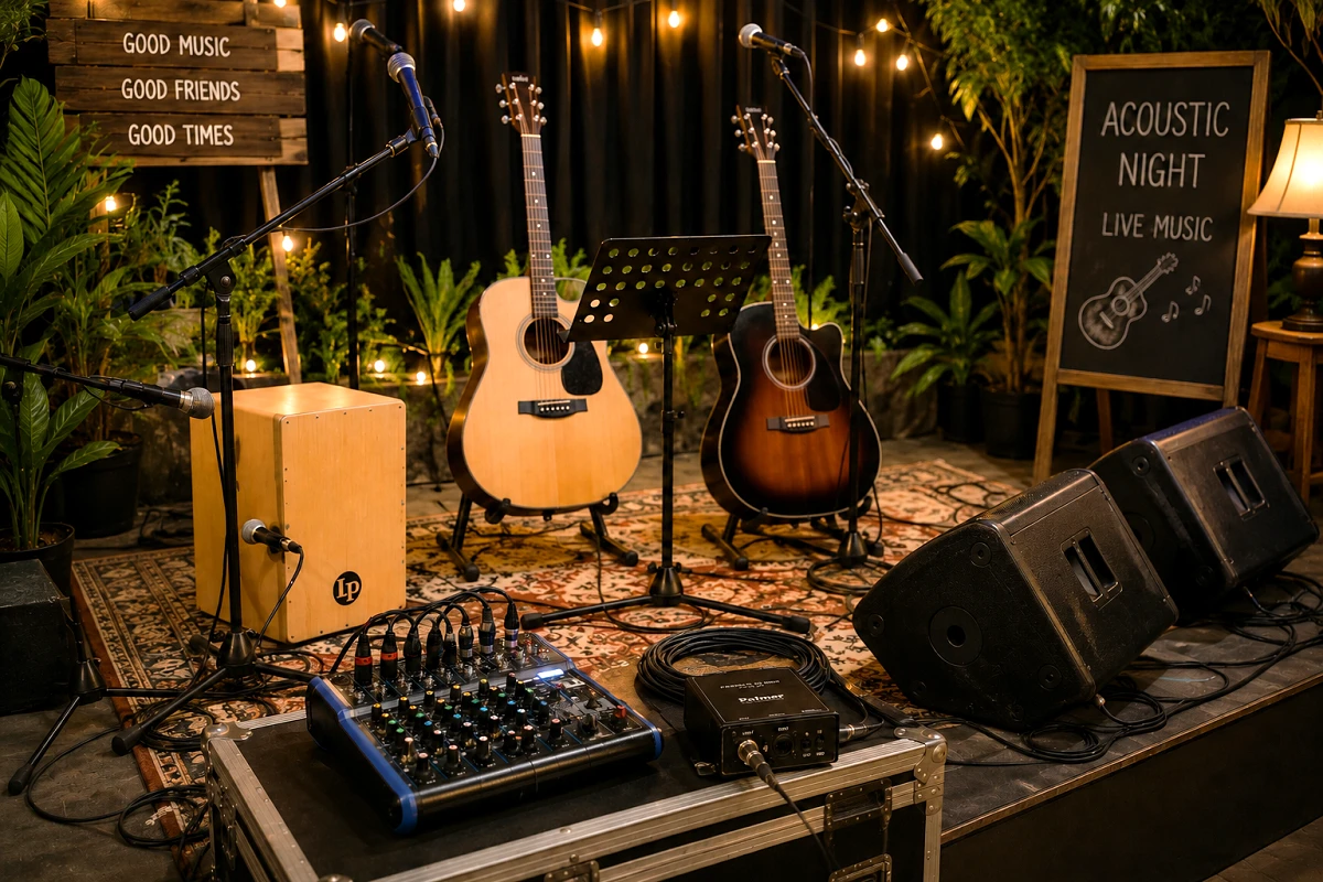 Bộ nhạc cụ acoustic gồm guitar, cajon, micro và hệ thống âm thanh được bố trí trên sân khấu biểu diễn