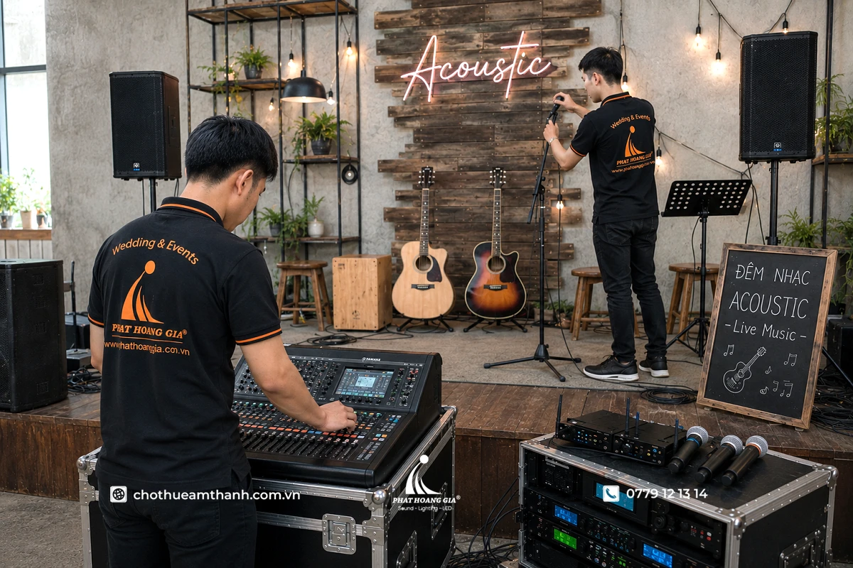 Nhân viên kỹ thuật setup và kiểm tra mixer, thiết bị sân khấu trong đêm nhạc acoustic với guitar thùng và hệ thống loa chuyên nghiệp