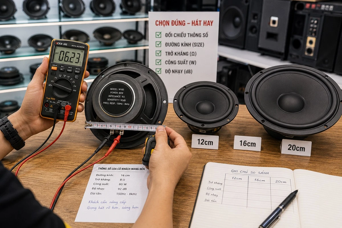 Loa Trung (loa Mid) Là Gì Và Cách Nâng Cấp Loa Lời Cho Dàn Karaoke 8 Kỹ thuật viên đo trở kháng và kiểm tra kích thước củ loa mid rời để lựa chọn linh kiện phù hợp khi nâng cấp loa
