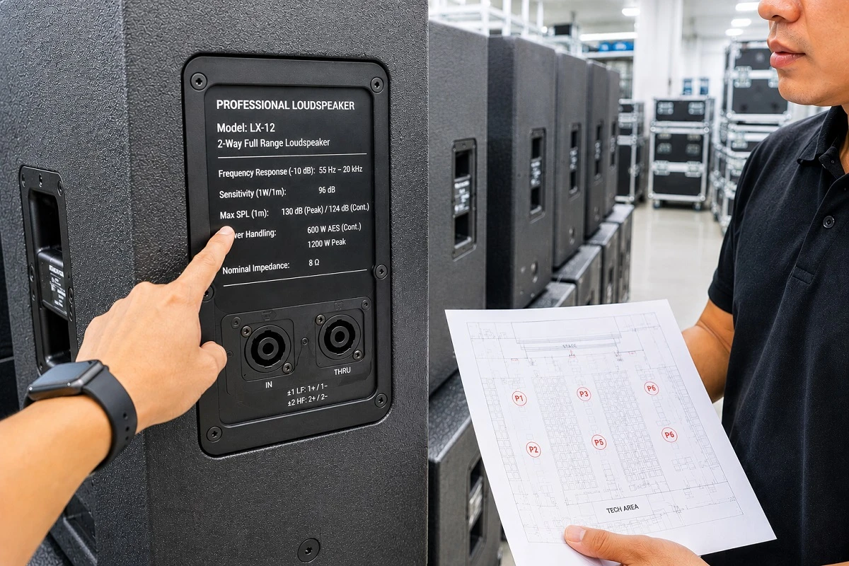 SPL Là Gì Và Ý Nghĩa Của Cường Độ Áp Suất Âm Thanh 8 Kỹ thuật viên kiểm tra thông số Max SPL và độ nhạy trên mặt sau loa trong kho thiết bị âm thanh sự kiện