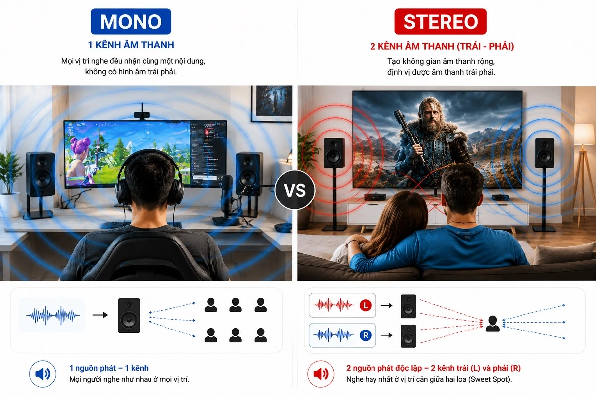 Âm Thanh Mono Là Gì Và Phân Biệt Với Âm Thanh Stereo 7 Hình ảnh minh họa so sánh sự khác nhau giữa âm thanh mono và stereo