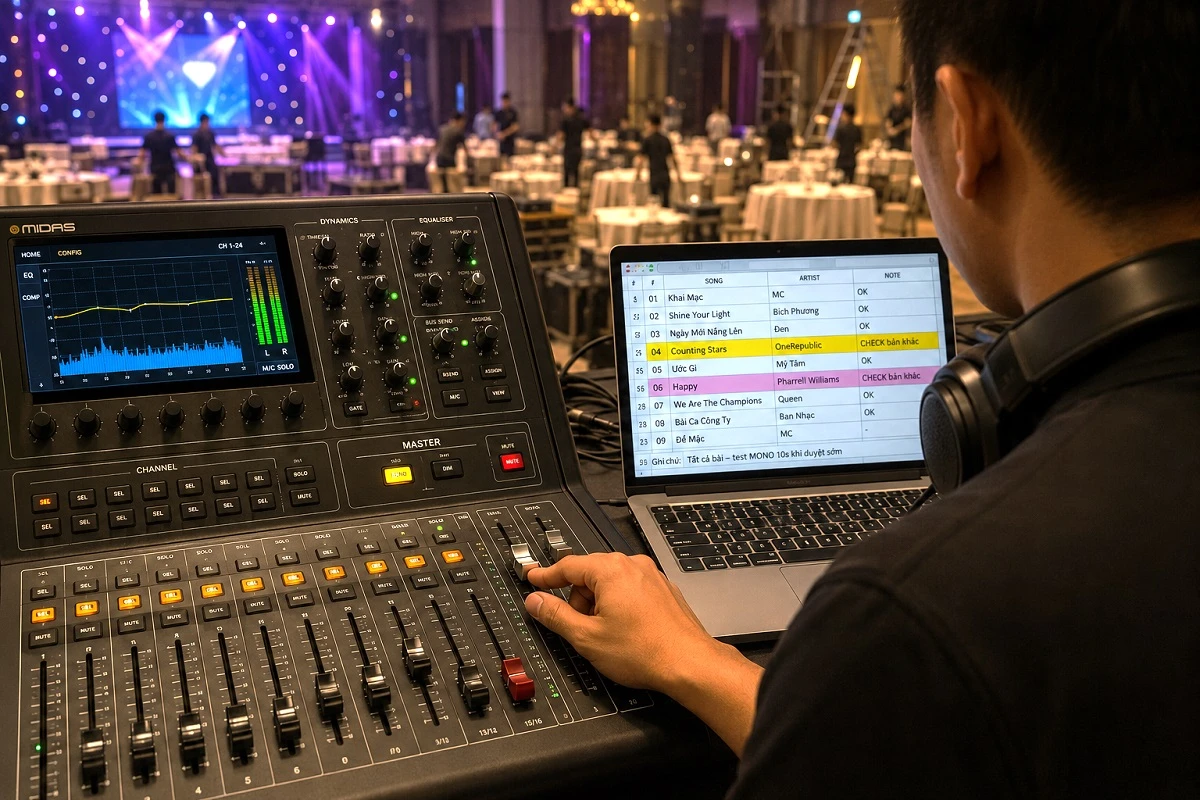 Âm Thanh Mono Là Gì Và Phân Biệt Với Âm Thanh Stereo 9 Kỹ thuật viên âm thanh kiểm tra bản mix ở chế độ mono trên bàn mixer trước khi chương trình diễn ra