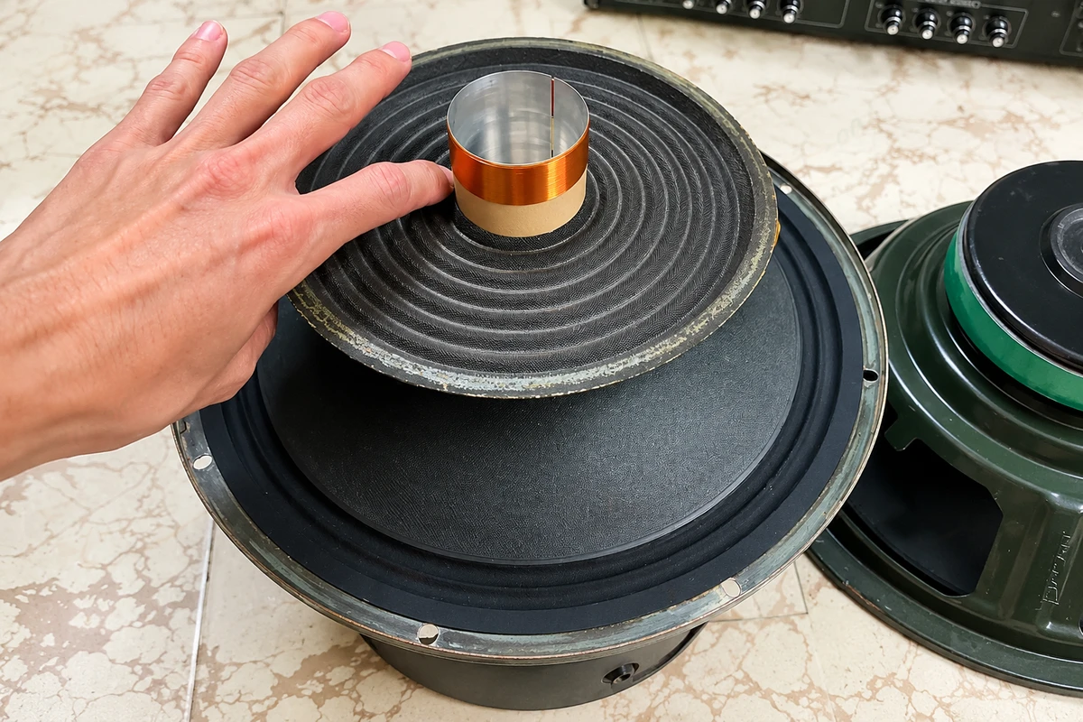 Cận cảnh côn loa mới được gắn trên màng loa bass trước khi lắp vào củ loa hoàn chỉnh