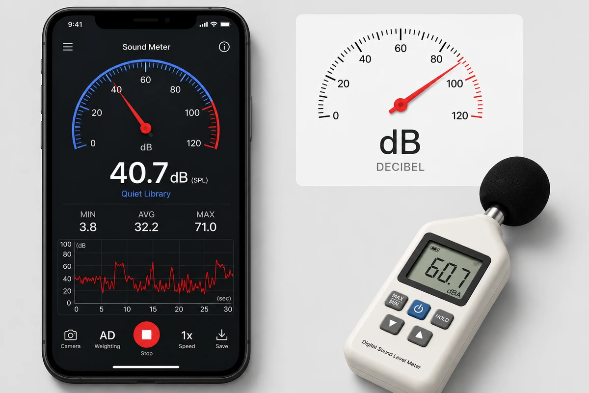 Decibel Là Gì Và Ngưỡng Âm Thanh An Toàn Cho Tai Người 9 Hình minh họa ứng dụng đo độ ồn trên điện thoại thông minh kết hợp máy đo decibel chuyên dụng, hiển thị chỉ số dB theo thời gian thực cùng biểu đồ dao động âm thanh và đồng hồ đo mức âm lượng