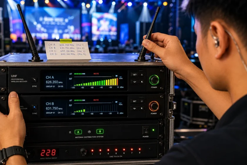 Mức tín hiệu RF hiển thị theo đơn vị dBm trên bộ thu micro không dây sự kiện