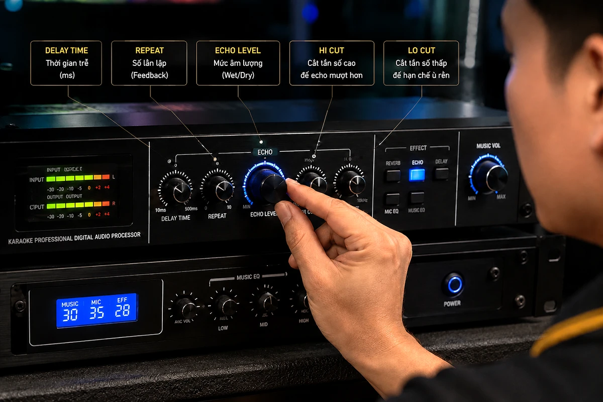 Echo Là Gì? Hướng Dẫn Cách Chỉnh Echo Hát Karaoke Cực Hay 8 Nhân viên kỹ thuật điều chỉnh thông số echo trên thiết bị xử lý âm thanh karaoke chuyên nghiệp