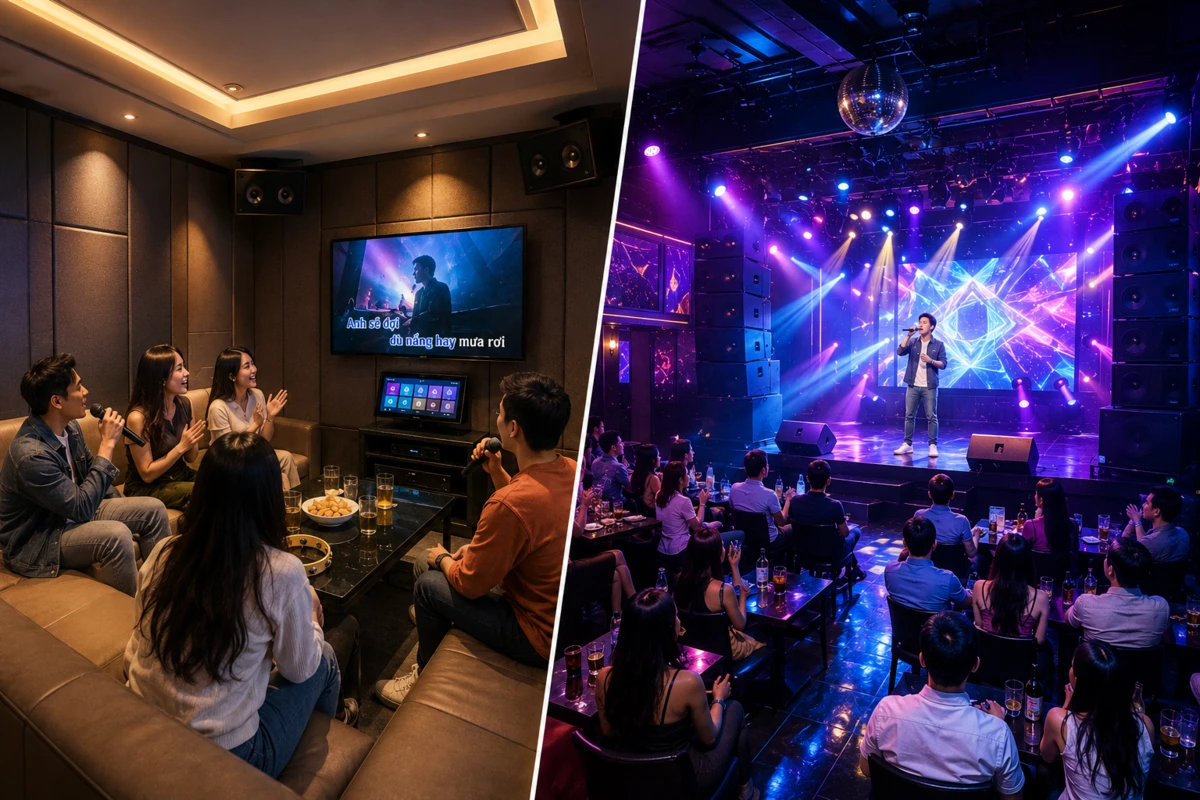 So sánh mô hình karaoke ktv phòng riêng tư và sân khấu biểu diễn chung