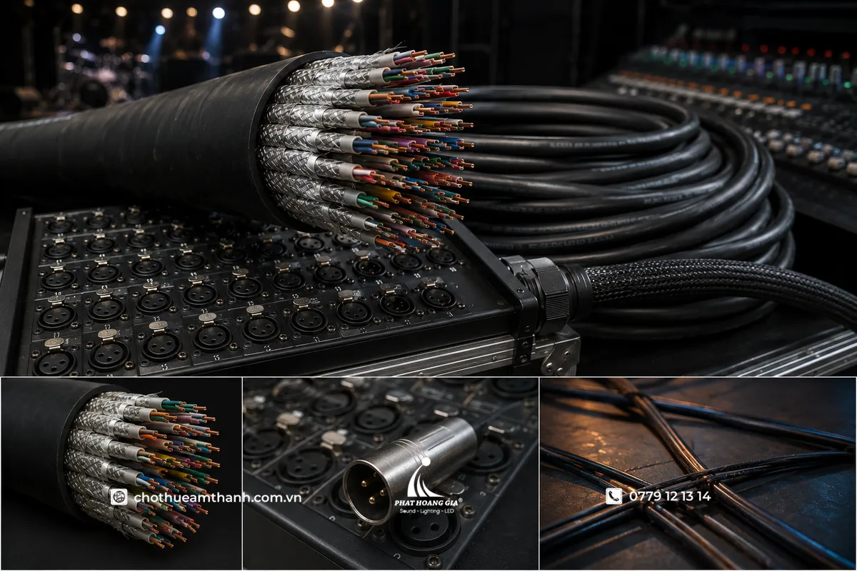Dây multicore 24 line được cấu tạo từ nhiều cặp lõi tín hiệu cân bằng, lớp chống nhiễu, đầu nối XLR và stage box, giúp truyền tín hiệu ổn định từ sân khấu đến bàn mixer, giảm nhiễu và nâng cao hiệu quả cho hệ thống âm thanh chuyên nghiệp.
