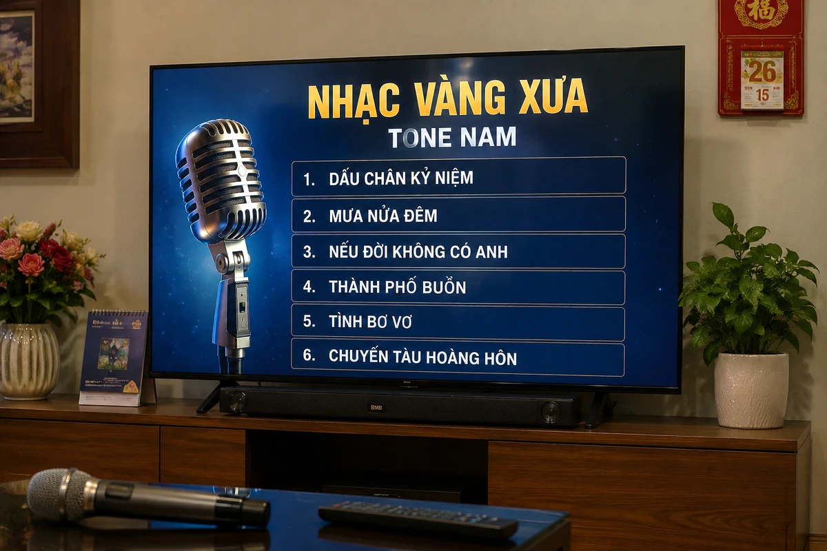 Danh sách karaoke nhạc vàng xưa tone nam hiển thị trên màn hình tivi trong phòng giải trí gia đình 