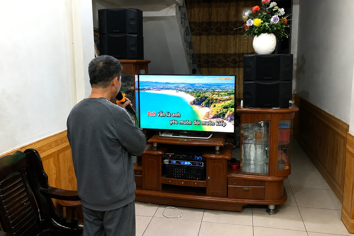 Không gian hát karaoke gia đình với hệ thống loa và tivi phù hợp để hát nhạc vàng