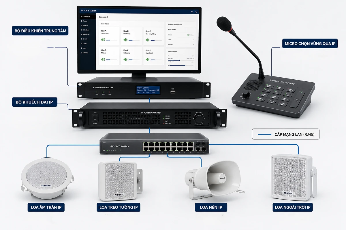 Hệ thống thiết bị âm thanh công cộng IP cho quản lý và phát thông báo 