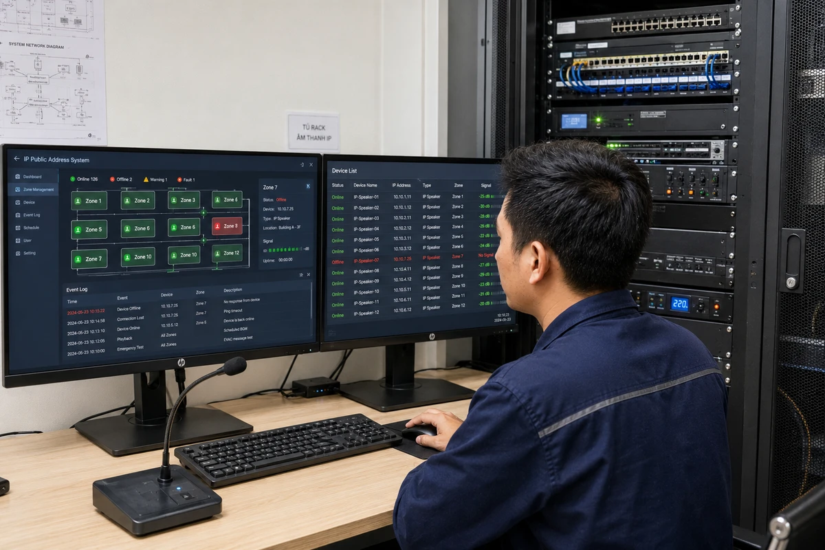 Kỹ thuật viên giám sát hệ thống âm thanh công cộng IP thông qua phần mềm điều khiển và tủ rack mạng 
