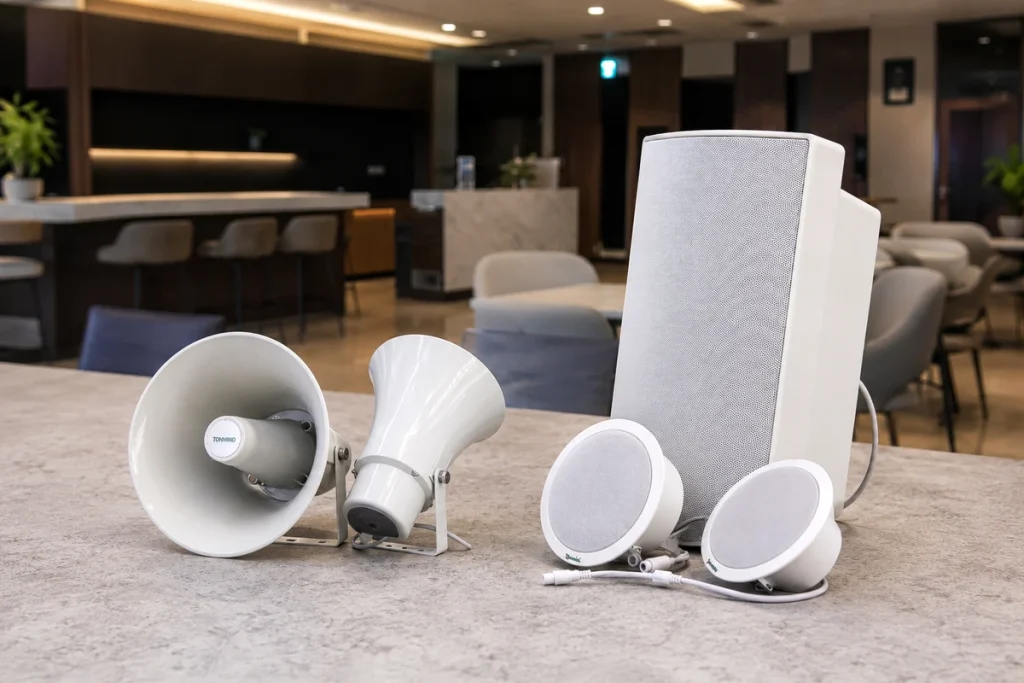 Thiết bị loa IP dùng trong hệ thống âm thanh thông báo công cộng hiện đại