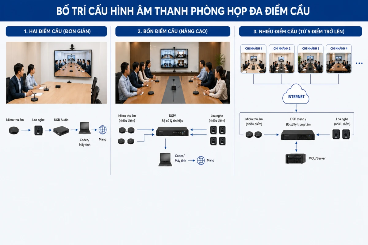 Sơ đồ bố trí cấu hình phòng họp trực tuyến tích hợp âm thanh đa điểm cầu