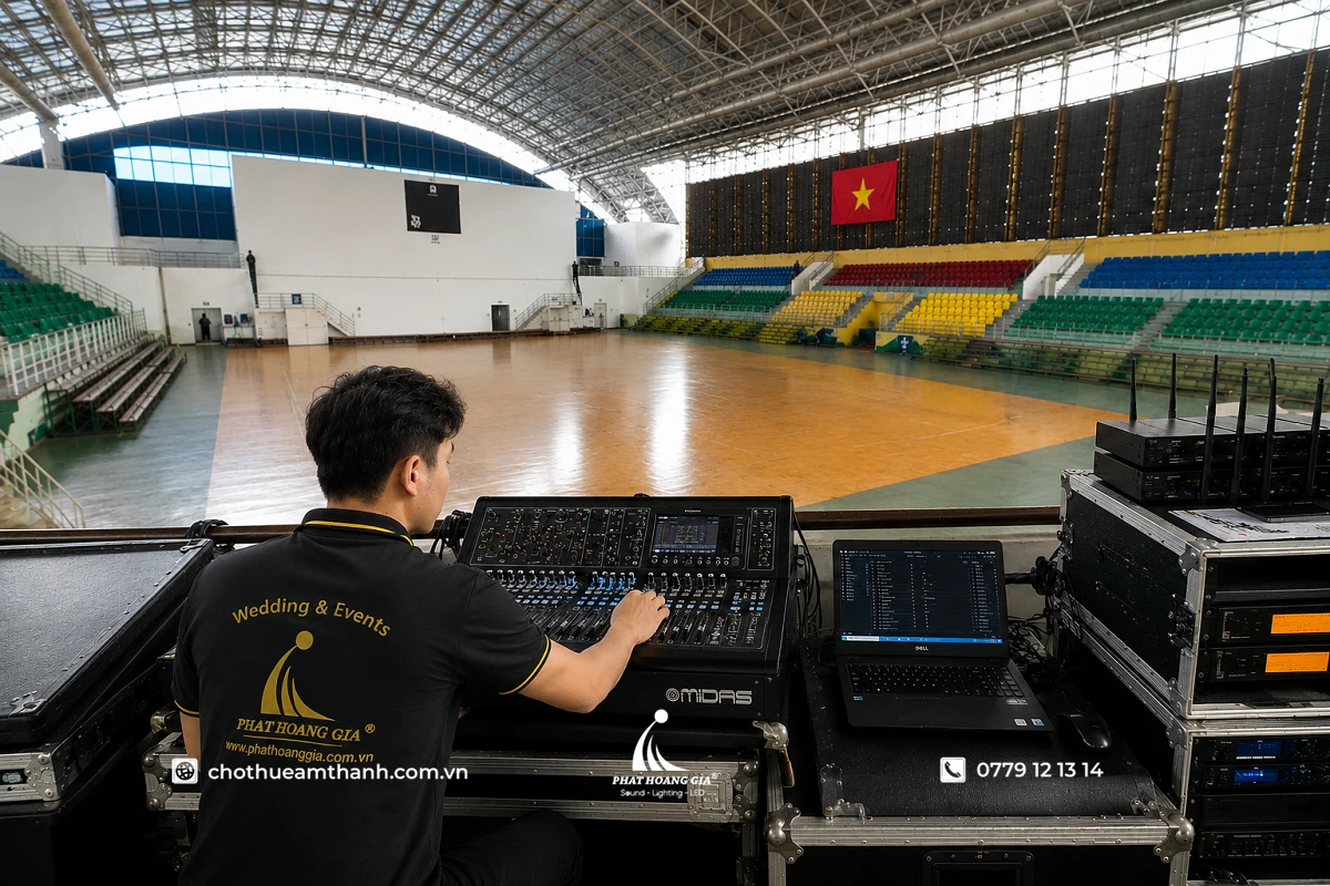 Kỹ thuật viên điều chỉnh âm thanh tại khu vực điều khiển nhà thi đấu trước chương trình sự kiện 