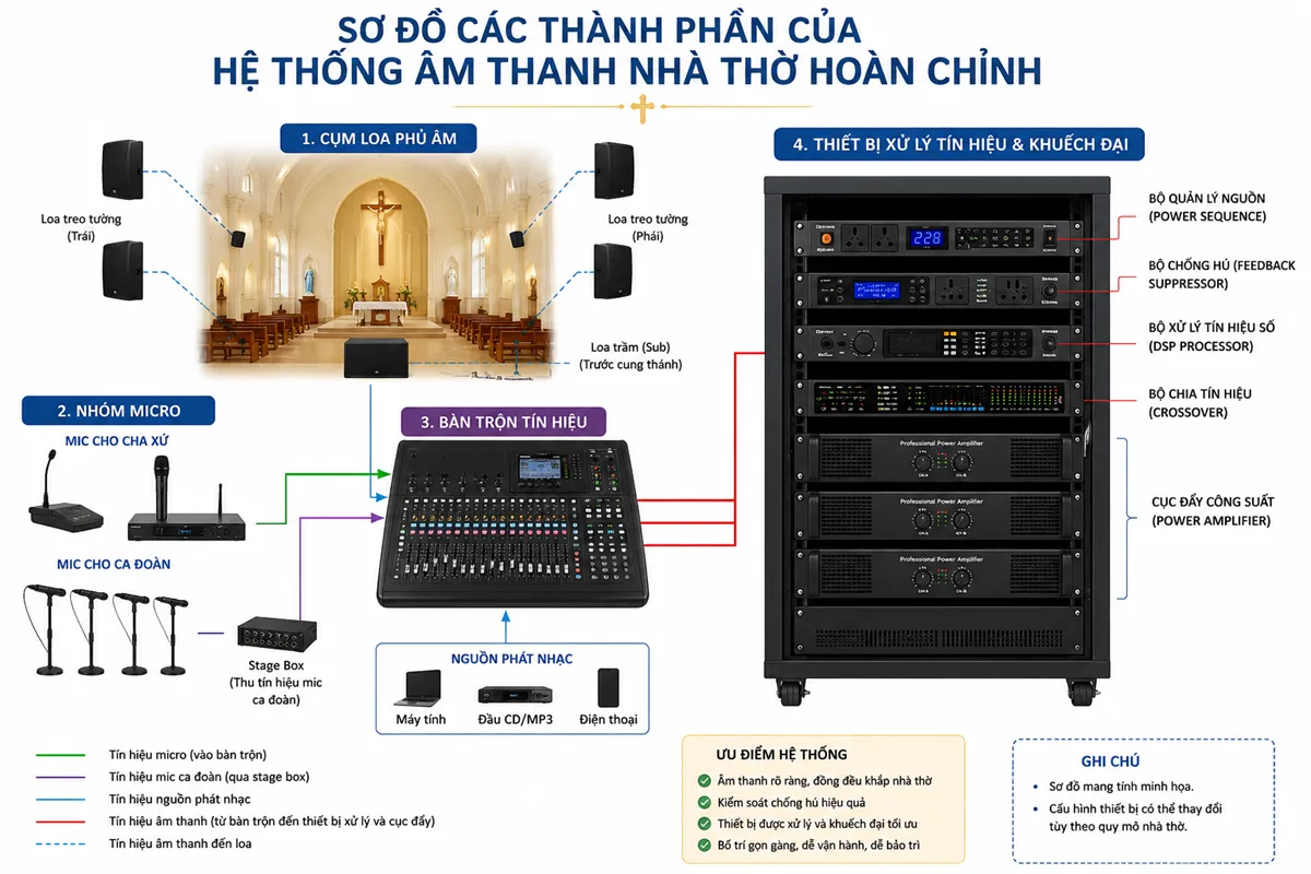 Âm Thanh Nhà Thờ Củ Chi: Lắp Đặt Và Sửa Chữa Trọn Gói 10 Sơ đồ hệ thống âm thanh nhà thờ hoàn chỉnh gồm loa, micro, bàn mixer, bộ xử lý DSP, cục đẩy công suất và tủ rack kết nối đồng bộ.