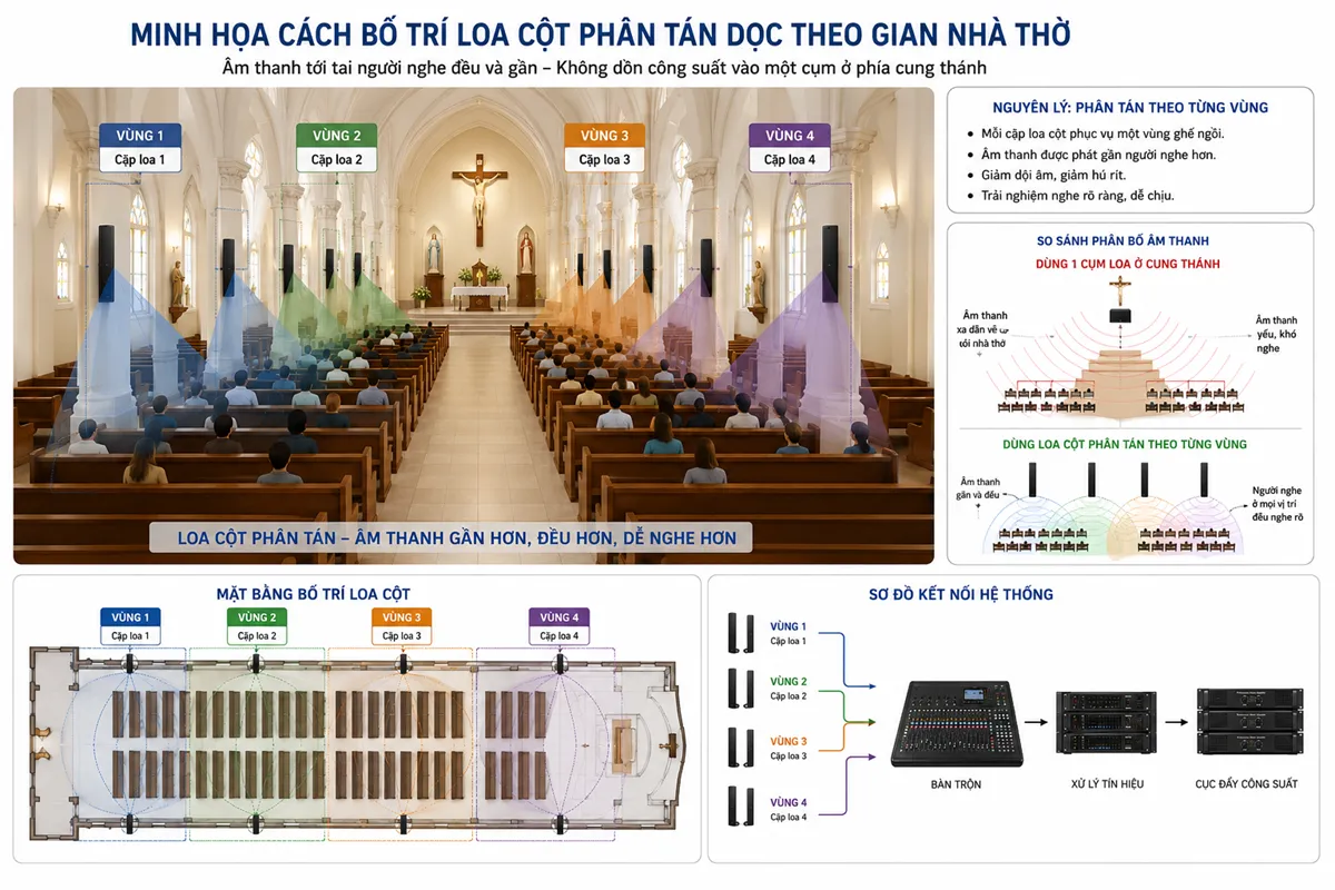 Âm Thanh Nhà Thờ Củ Chi: Lắp Đặt Và Sửa Chữa Trọn Gói 11 Sơ đồ bố trí loa cột phân tán trong nhà thờ theo từng khu vực ghế ngồi, giúp phủ âm đồng đều và truyền tải lời giảng rõ ràng.