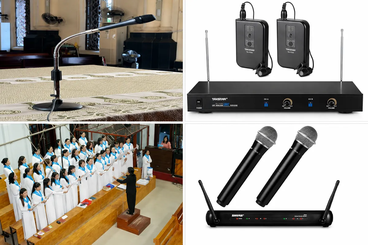 Âm Thanh Nhà Thờ Củ Chi: Lắp Đặt Và Sửa Chữa Trọn Gói 12 Các loại micro sử dụng trong hệ thống âm thanh nhà thờ gồm micro cổ ngỗng, micro không dây cài áo và micro cầm tay cho lời giảng và ca đoàn.