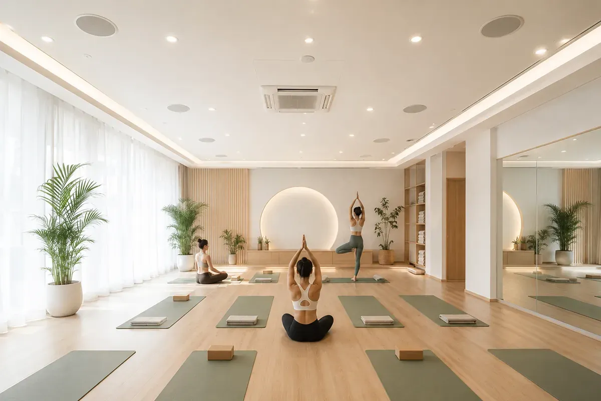 Hệ thống loa âm trần phân tán trong phòng tập yoga giúp phủ đều nhạc nền và giọng hướng dẫn, mang lại âm thanh đồng nhất trên toàn bộ không gian tập luyện.