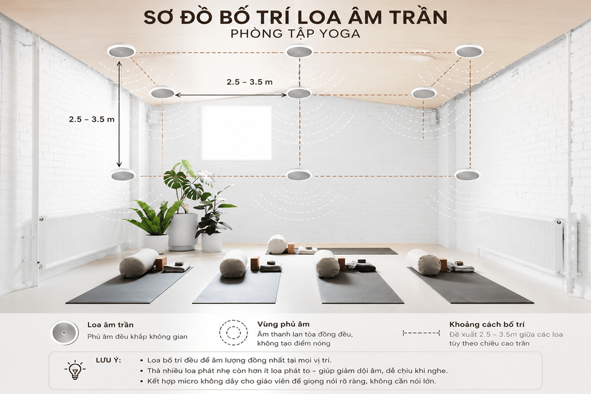 Sơ đồ bố trí loa âm trần trong phòng tập yoga với khoảng cách lắp đặt hợp lý giúp phủ đều nhạc nền và giọng hướng dẫn, mang lại âm thanh đồng nhất trên toàn bộ không gian.