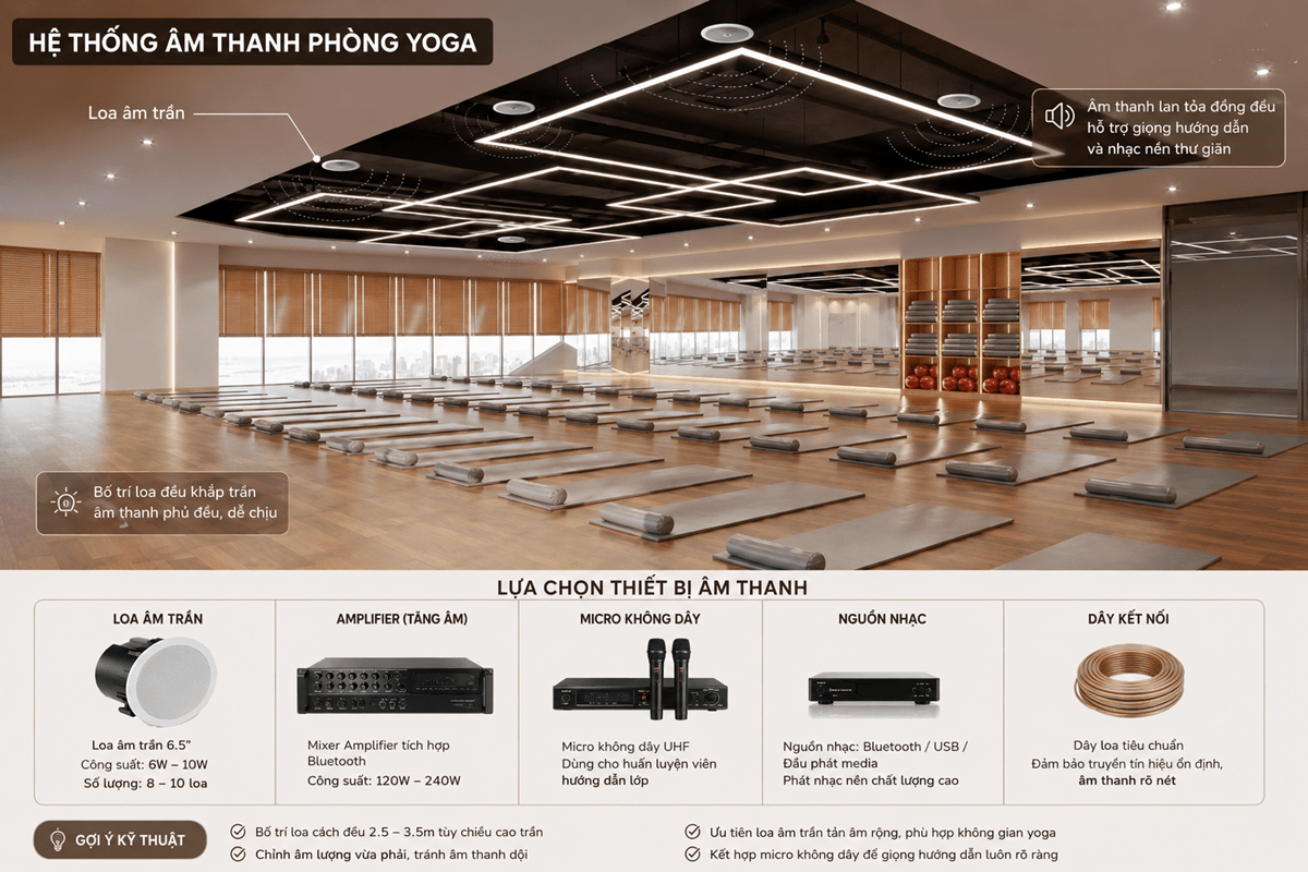 Sơ đồ bố trí hệ thống loa âm trần phòng tập yoga với thiết bị âm thanh đồng bộ, giúp phủ đều nhạc nền và giọng hướng dẫn trên toàn bộ không gian tập luyện.