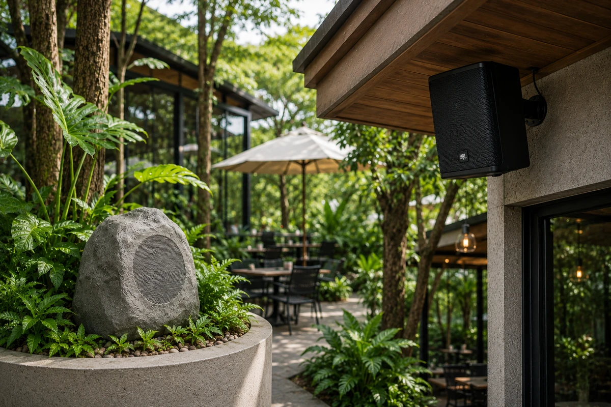 Âm Thanh Quán Cafe Sân Vườn: Chọn Loa Và Lắp Đặt Chuẩn Ngoài Trời 9 Loa treo tường và loa giả đá phổ biến trong hệ thống âm thanh quán cafe sân vườn