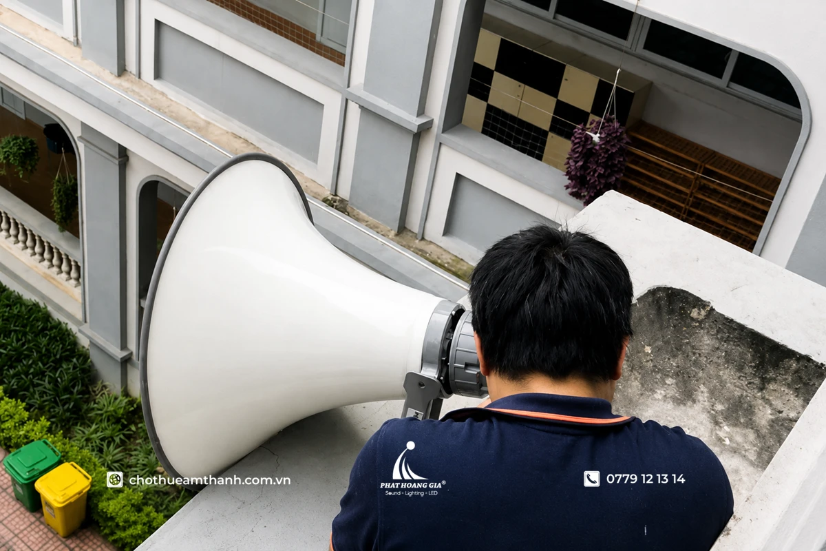 Kỹ thuật viên kiểm tra loa nén ngoài trời của hệ thống thông báo trường học