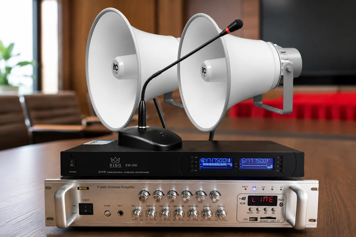 Bộ thiết bị hệ thống âm thanh thông báo trường học gồm micro amply và loa nén
