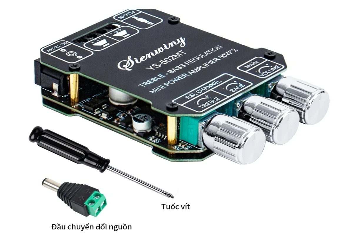 Amply mini Bluetooth có cổng RCA, cọc loa, điều khiển từ xa và adapter nguồn