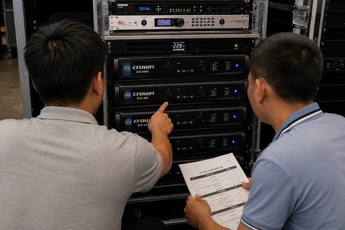 Kỹ thuật viên kiểm tra cục đẩy Crown DCi trong tủ rack trước khi vận hành hệ thống âm thanh