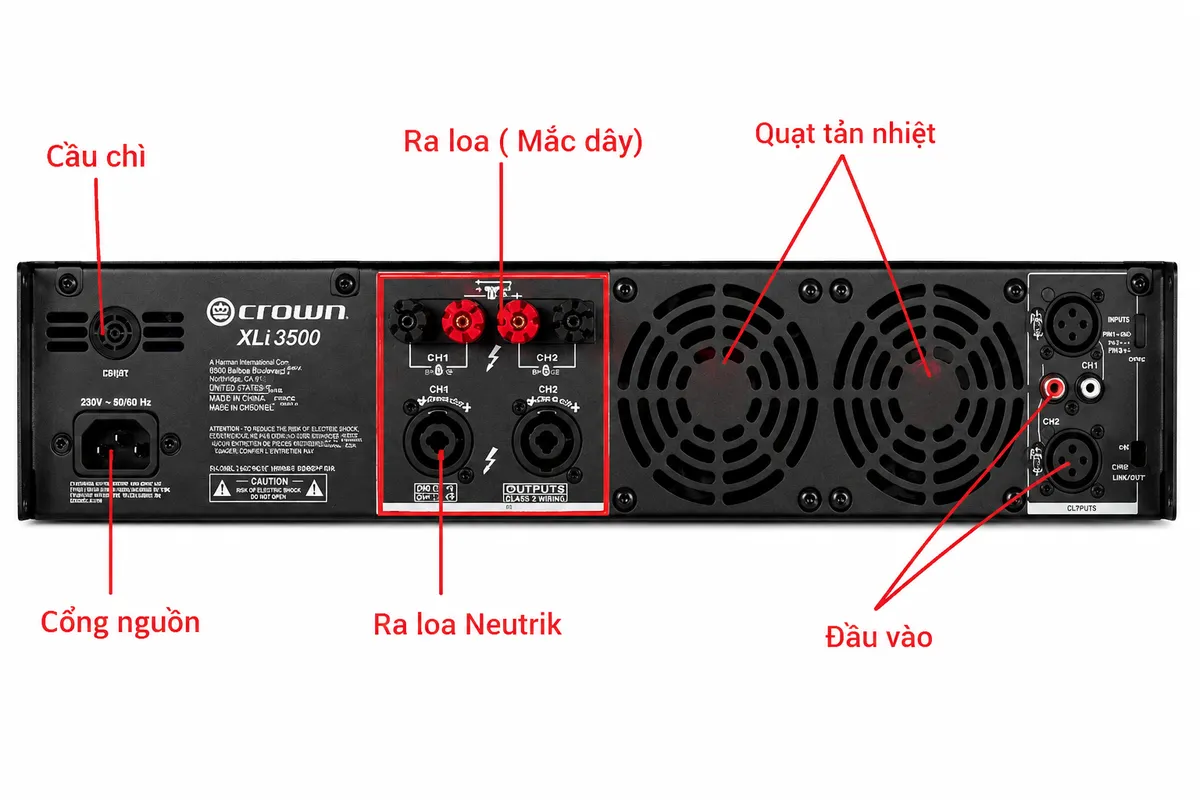 Crown XLi Series: Đánh Giá Bốn Model Cục Đẩy Và Cách Chọn 9 Mặt sau cục đẩy Crown XLi 3500 với cổng nguồn, ngõ vào, ngõ ra loa và quạt tản nhiệt