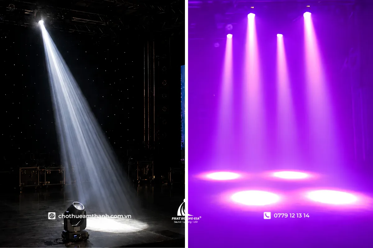 Đèn Moving Head Beam 230 7R: Thông Số, Cách Chọn Và Chỉnh 9 so sánh chùm tia đèn beam 230 sắc nét với đèn wash phủ màu mềm trên sân khấu