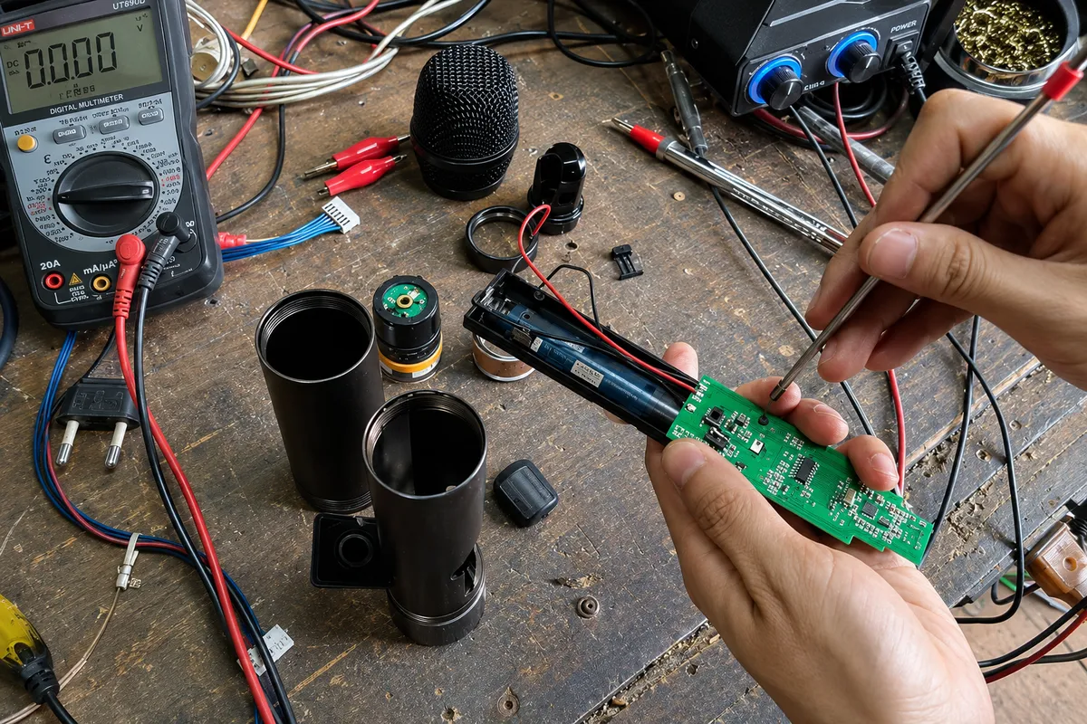 Dịch Vụ Sửa Micro Không Dây Và Khắc Phục Lỗi Micro 9 Kỹ thuật viên kiểm tra bảng mạch micro không dây bằng dụng cụ chuyên dụng