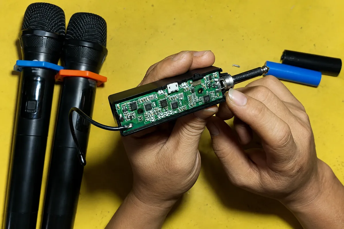 Dịch Vụ Sửa Micro Không Dây Và Khắc Phục Lỗi Micro 8 Kỹ thuật viên kiểm tra mạch bên trong bộ phát micro không dây cầm tay trong quá trình sửa chữa và đo kiểm tín hiệu RF