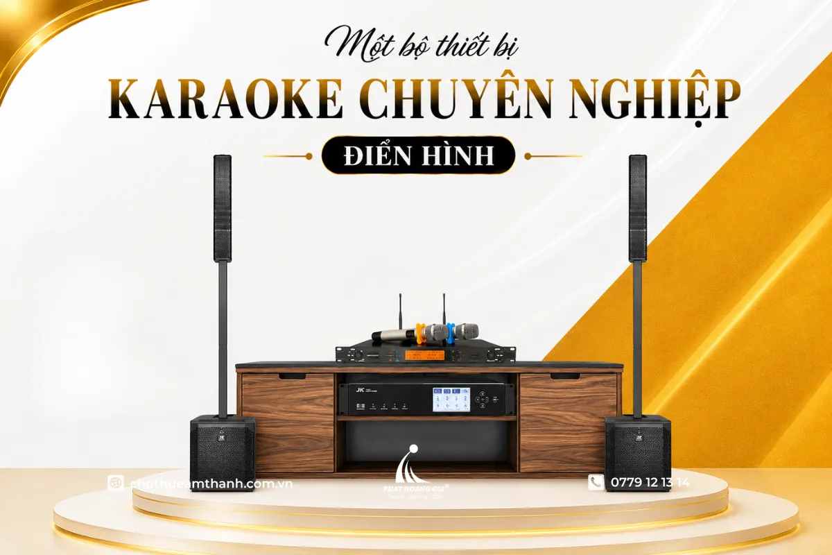 Dàn karaoke chuyên nghiệp được phối ghép đồng bộ với loa full, micro không dây, vang số và cục đẩy công suất, cho chất lượng âm thanh ổn định.