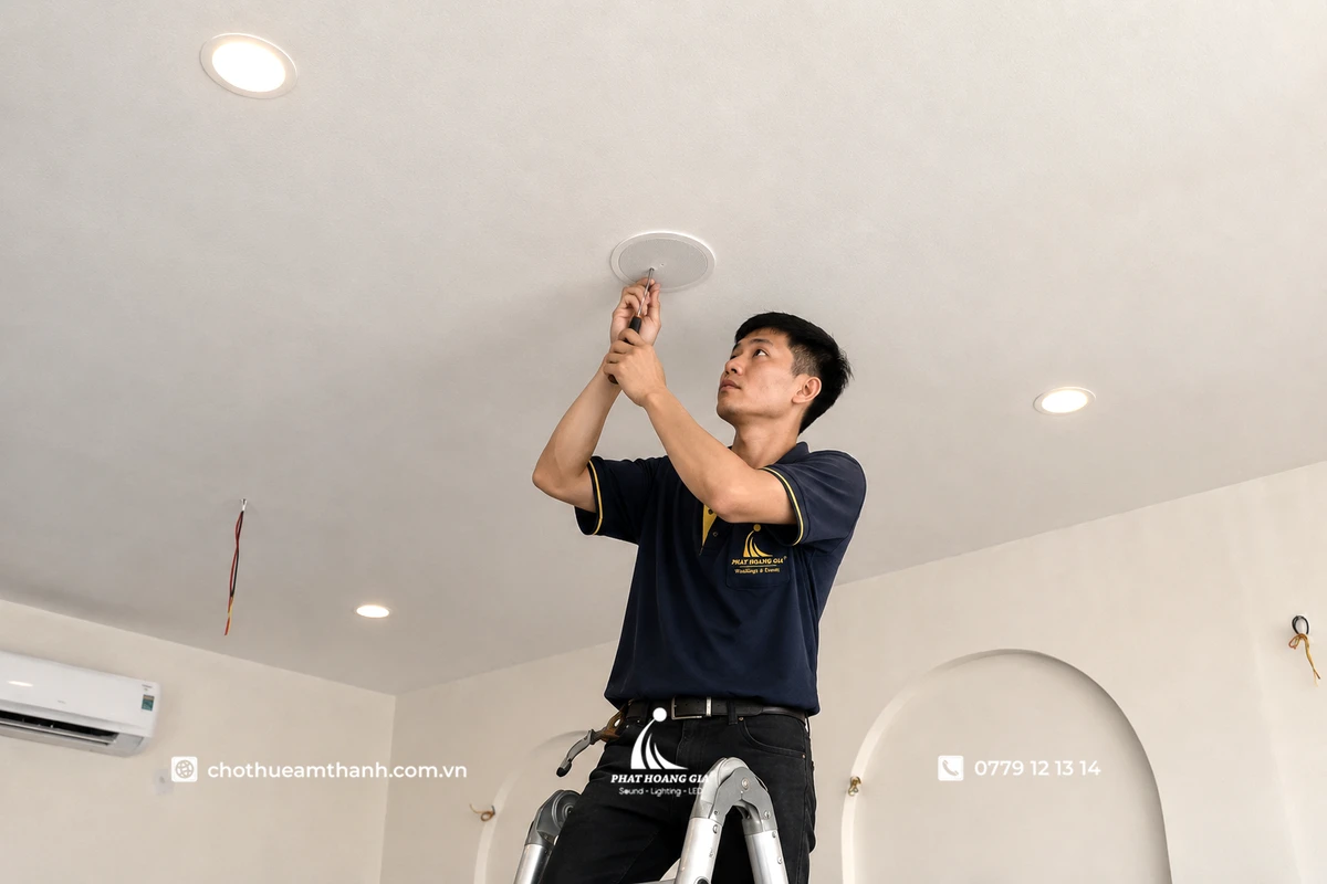 Kỹ thuật viên lắp đặt loa âm trần trong quá trình thi công hệ thống âm thanh 