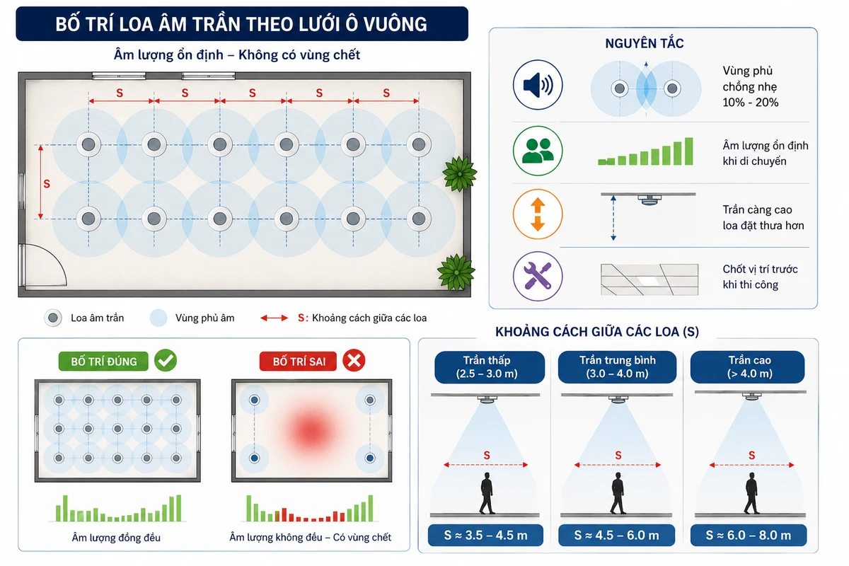 Sơ đồ bố trí loa âm trần theo diện tích với vùng phủ âm đồng đều 