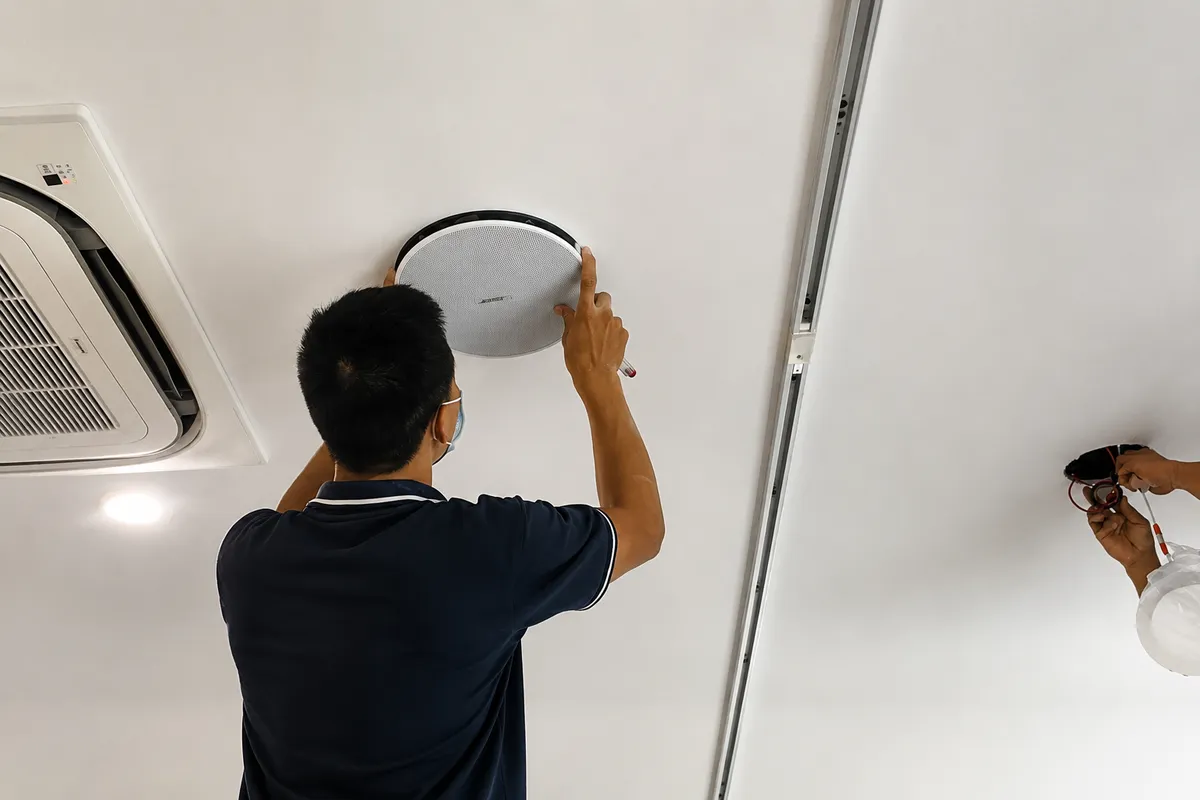 Kỹ thuật viên lắp đặt loa âm trần Bose FS2C trên trần thạch cao