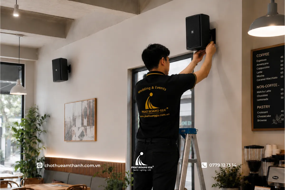 Nhân viên kĩ thuật đang lắp loa jbl control 29av-1 treo tường