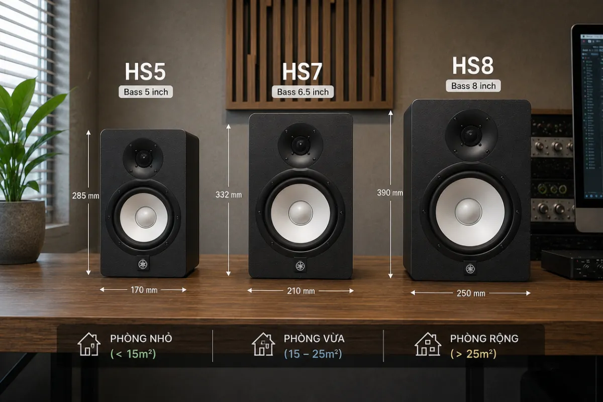 so sánh loa kiểm âm yamaha hs5 hs7 hs8 chọn theo diện tích phòng nghe