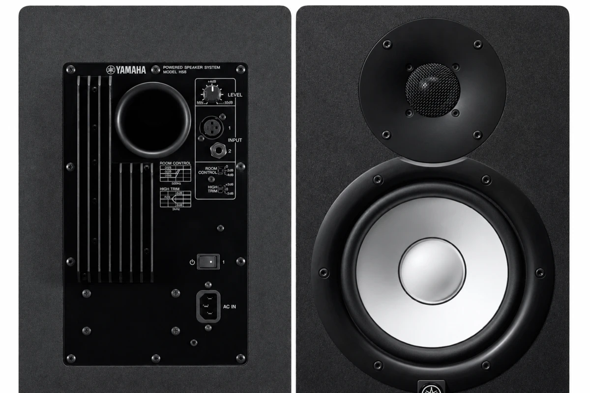 Loa Kiểm Âm Yamaha HS8 Chính Hãng Cho Studio Chuyên Nghiệp 12 mặt sau và mặt trước loa kiểm âm yamaha hs8 với công tắc room control high trim và cổng kết nối