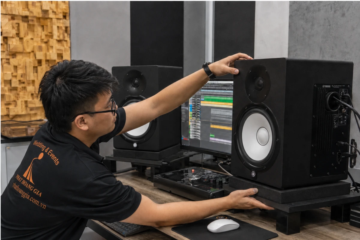 Loa Kiểm Âm Yamaha HS8 Chính Hãng Cho Studio Chuyên Nghiệp 13 kỹ thuật viên căn chỉnh vị trí và đế cho cặp loa kiểm âm yamaha hs8