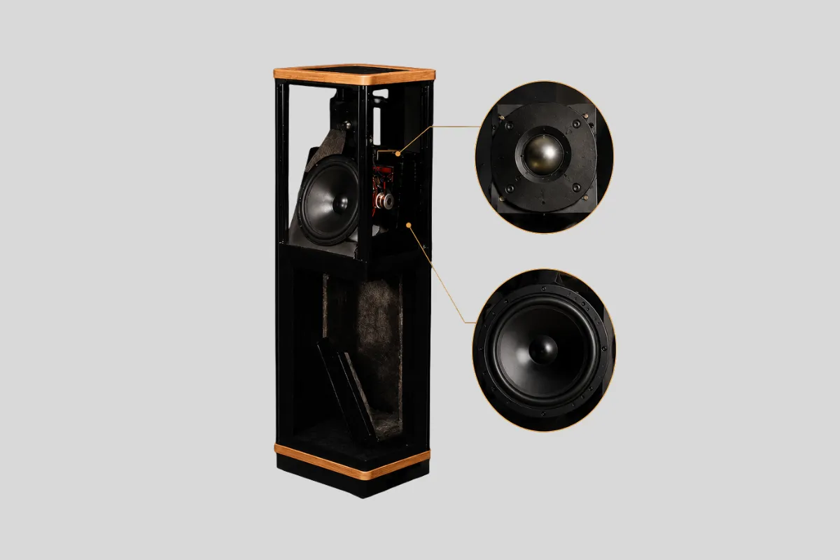 Loa Nghe Nhạc Hi-End Vandersteen 1C Chính Hãng Mỹ 9 Cận cảnh cấu hình hai đường tiếng của loa Vandersteen 1C với bass 8 inch và treble vòm kim loại 1 inch, mang đến âm trầm sâu, dải cao chi tiết và khả năng tái tạo âm thanh liền mạch, trung thực.