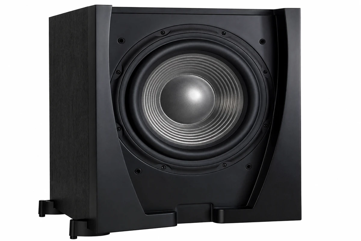Thiết kế màng loa bass siêu lớn phía trước thùng loa sub jbl 560p điện vỏ gỗ đen