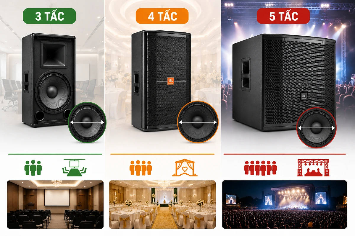 Hình ảnh minh họa so sánh loa thùng bass 3 tấc 4 tấc và 5 tấc theo quy mô không gian và nhu cầu sử dụng