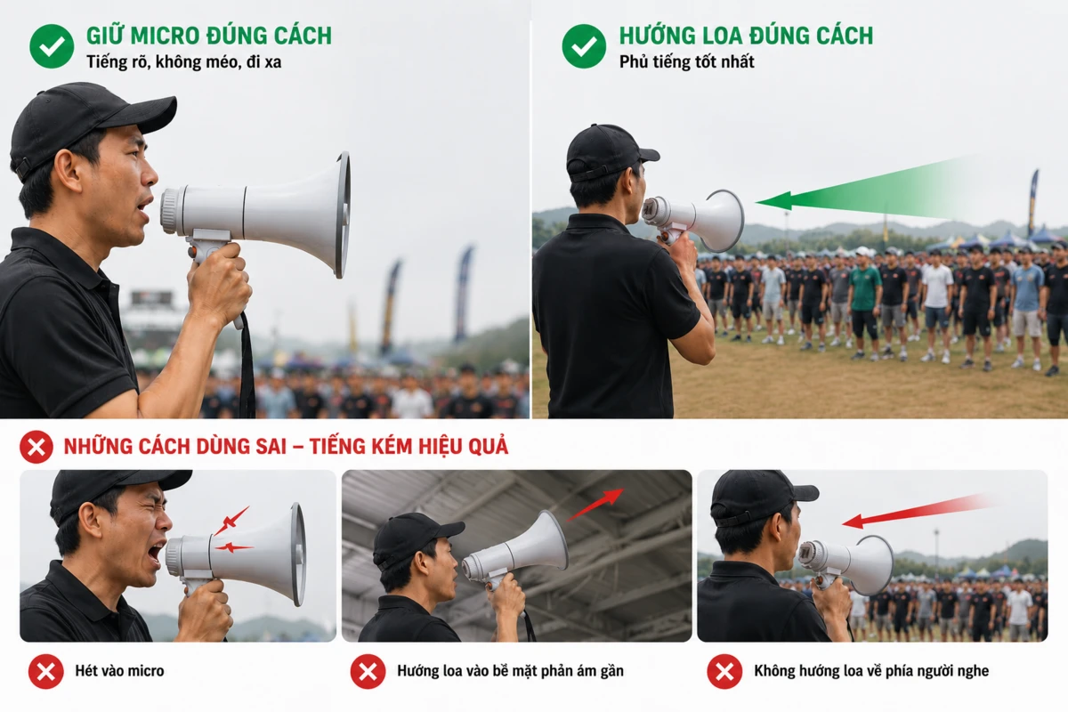 hướng dẫn cầm micro và sử dụng megaphone toa đúng cách để tiếng rõ