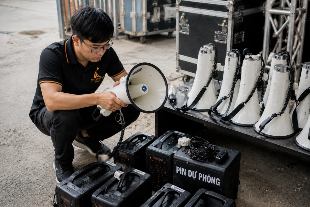 Kỹ thuật Phát Hoàng Gia đang kiểm tra megaphone toa và pin dự phòng trước sự kiện