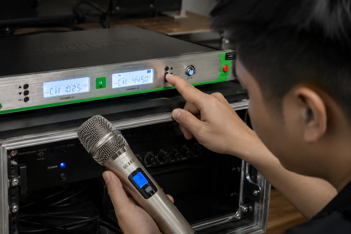 Micro Shure UGX8 II Không Dây Chính Hãng Hát Karaoke Hay 12 kỹ thuật viên căn chỉnh đầu thu và ghép tần số micro không dây karaoke ugx8 ii