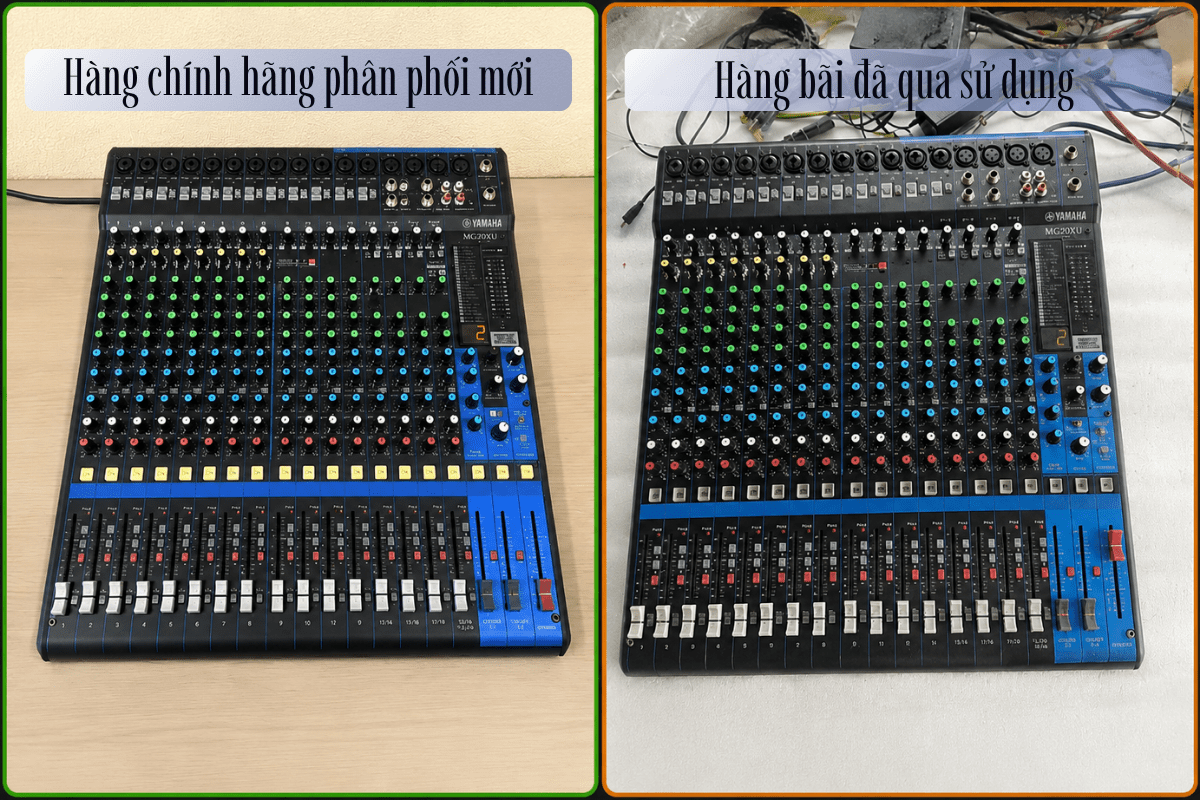 So sánh mixer Yamaha MG20XU hàng chính hãng mới và hàng bãi đã qua sử dụng về ngoại hình, độ hoàn thiện và tình trạng thiết bị trước khi mua.